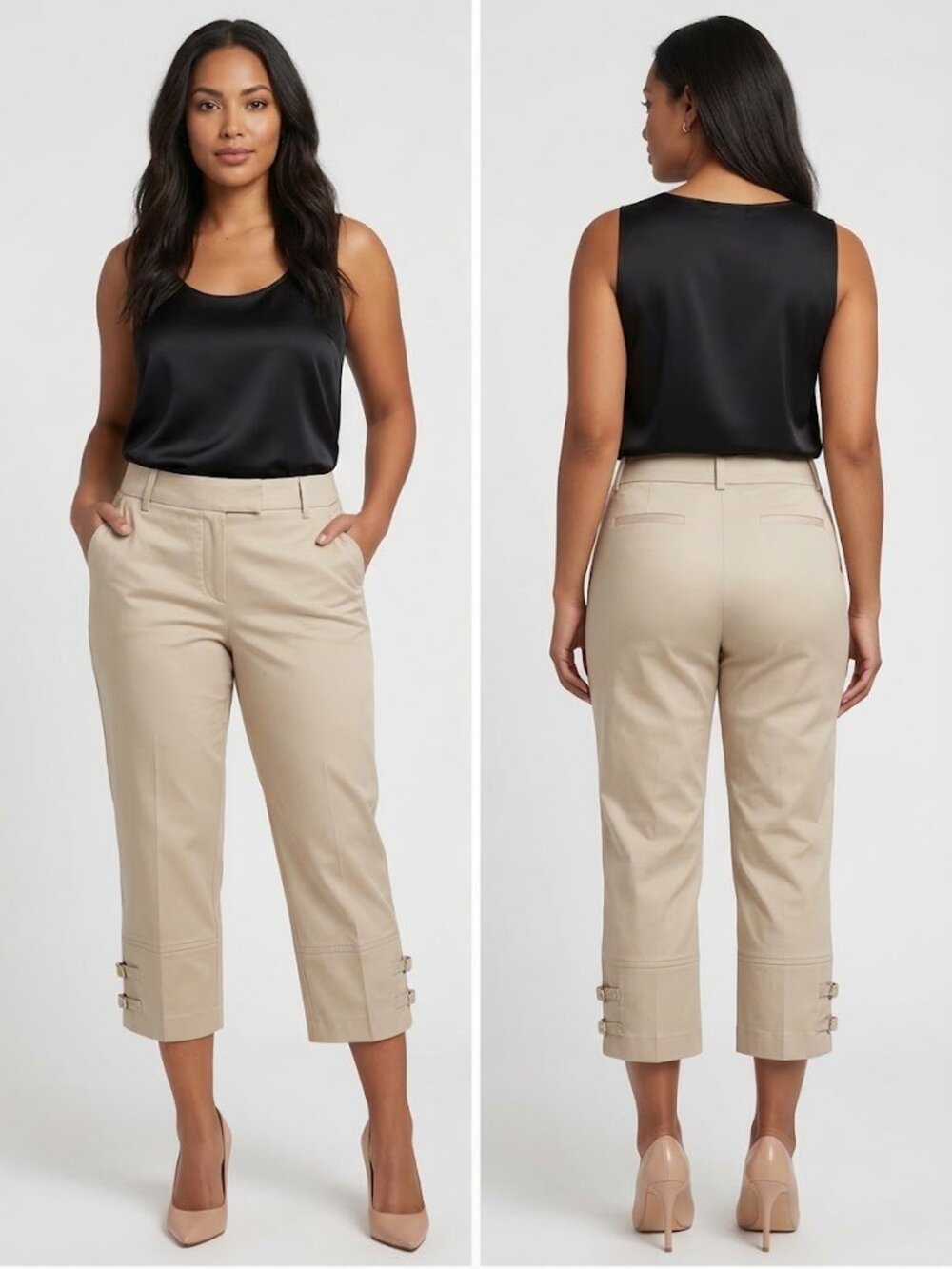 NWT Jessica Petite Beige Tan Capris Cropped Pants Double Buckle Hem Size 14P